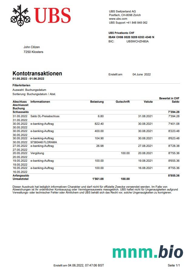 Szablon wyciągu bankowego Switzerland UBS w formacie Word i PDF, Wersja 2